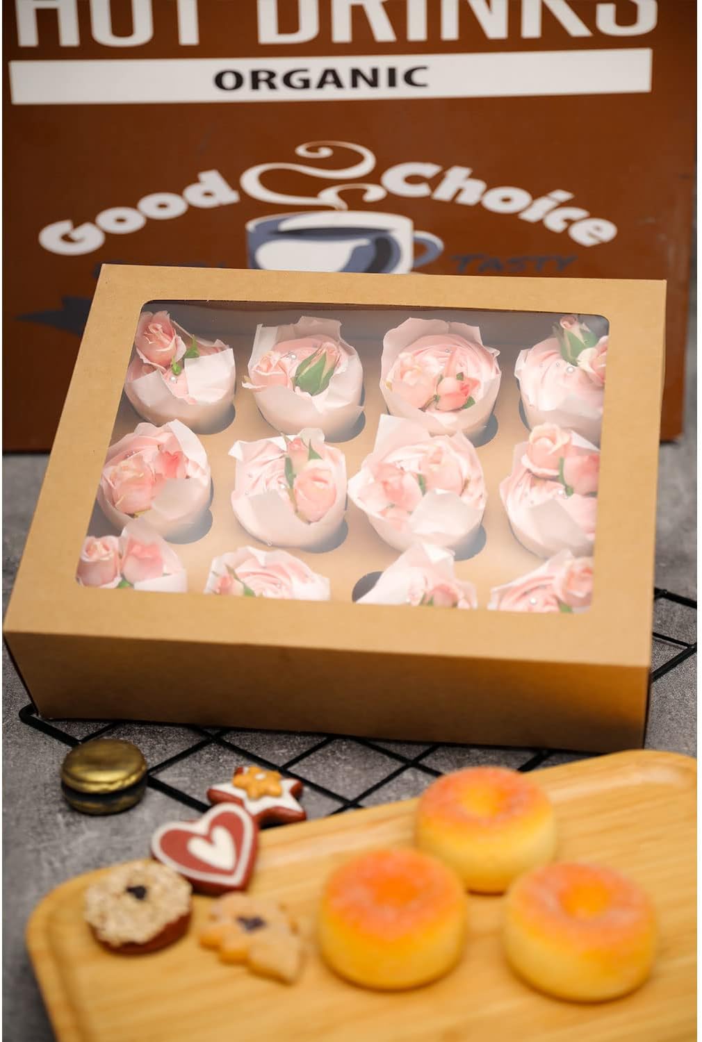 12 Cupcake Containers 12-Packs Brown Cupcake Box Cupcakes Carrier, 12 Cupcake Boxes with Window 13"x10"x3.5"(Auto-pop up)