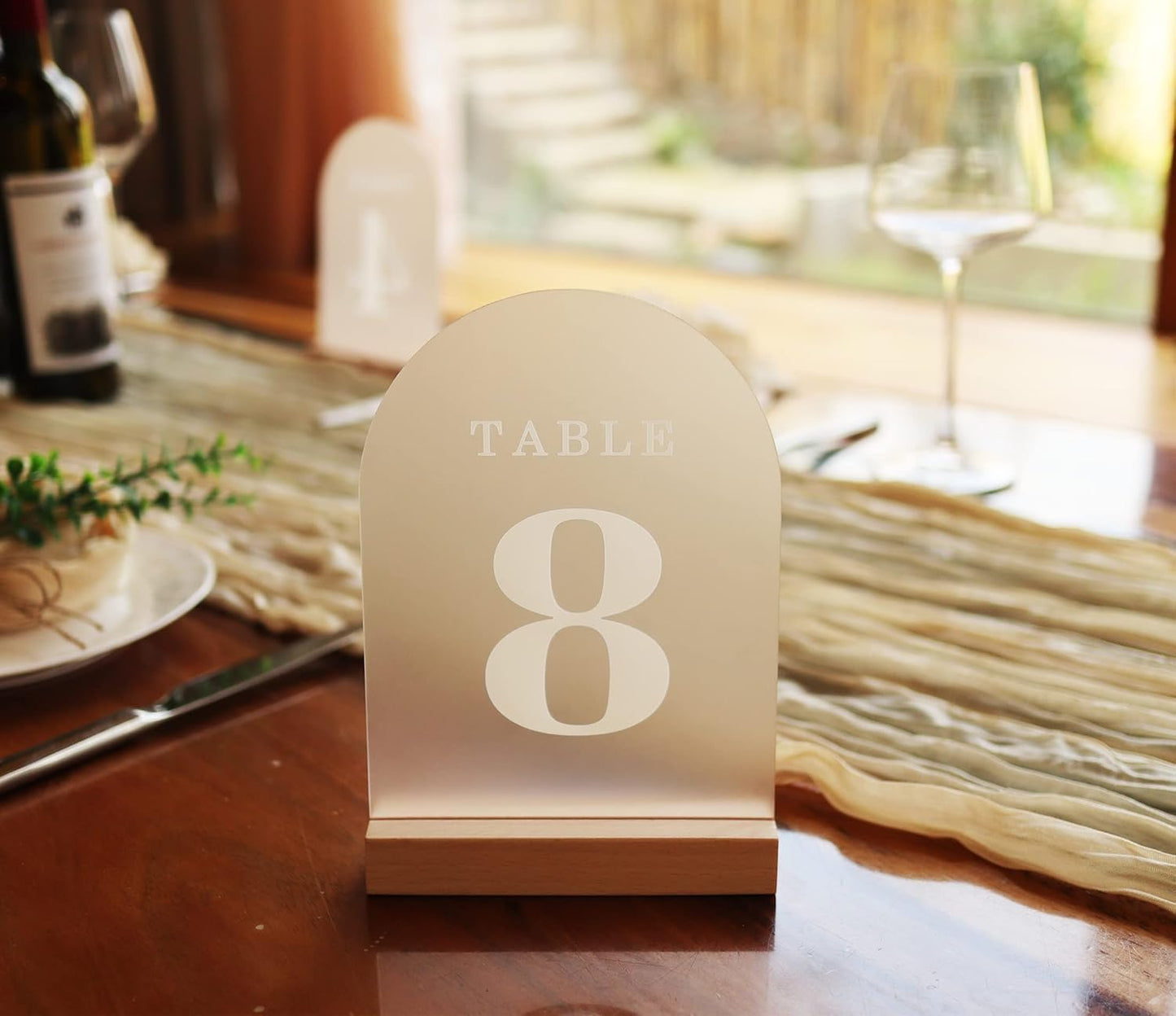 Wedding Table Numbers 31-40, Acrylic Arch Signs with Natural Wood Stands Holders, Rustic Table Decor for Reception & Parties (Frosted White)