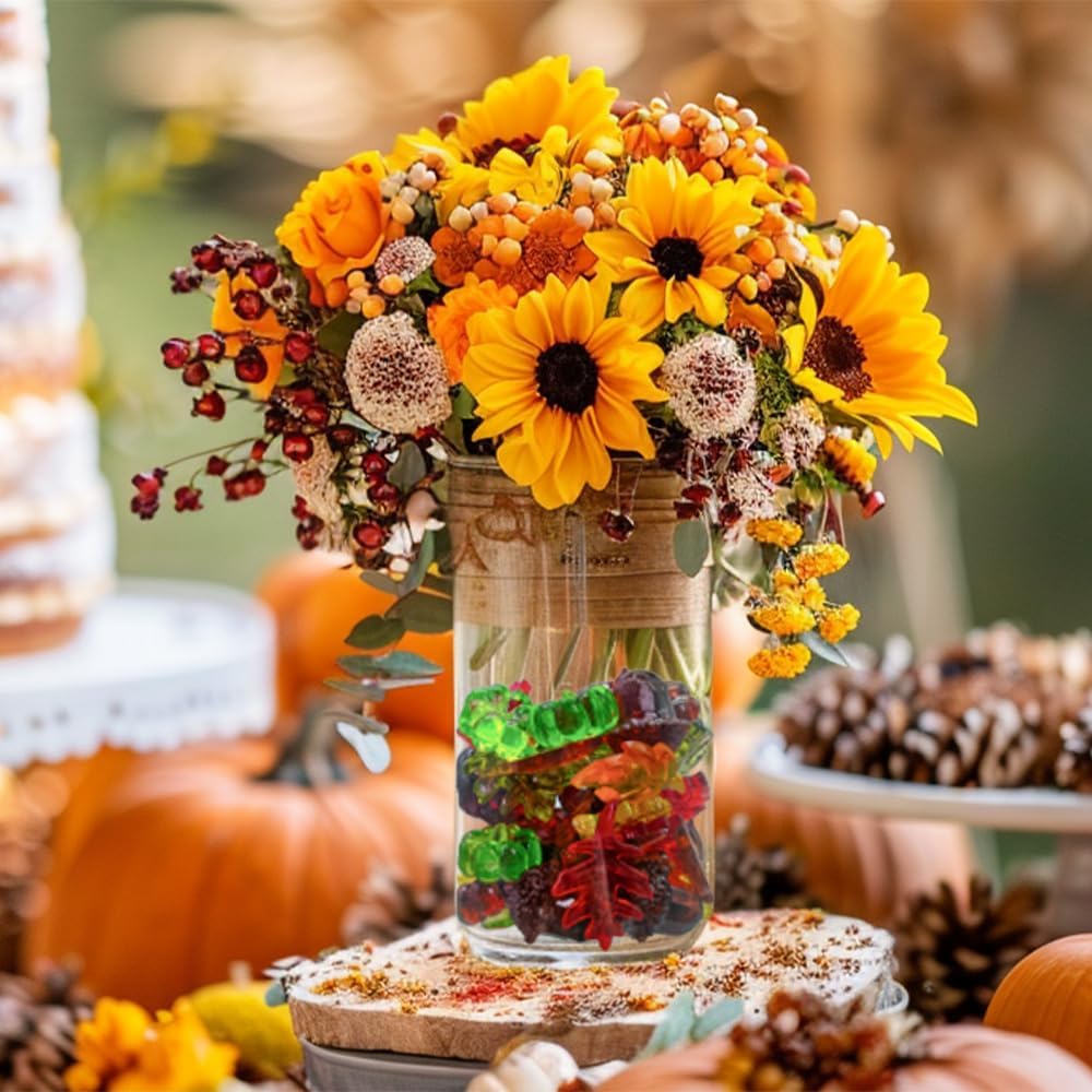 HappyFiller Fall Thanksgiving Autumn Harvest Decoration 135 Pcs Sensory Bin Filler,Small Acrylic Pumpkins,Acorns,Leaf Beads,Table Scatters Gems,Vase Fillers,Home Accents,Brown Yellow Orange Green Mix