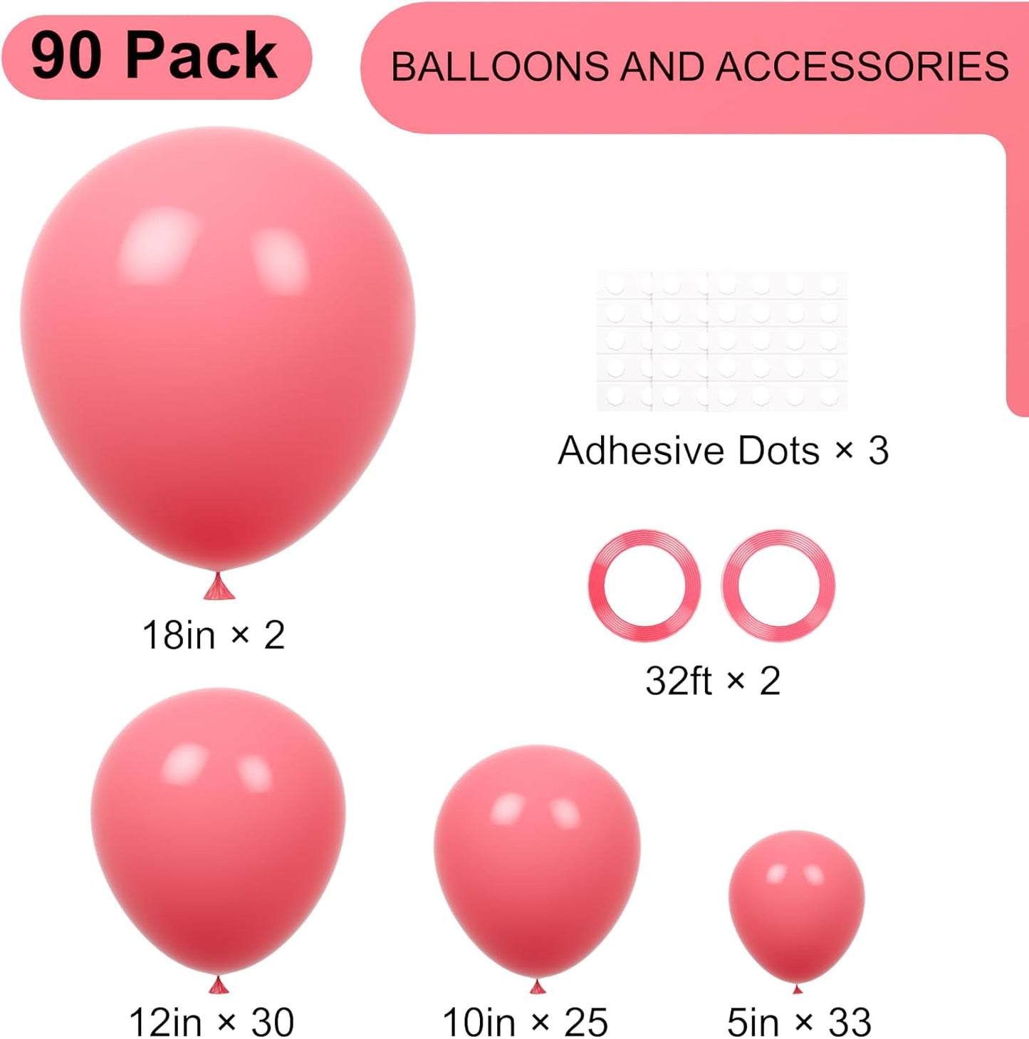 90pack Retro Hot Pink Balloons Different Size 18/12/10/5 Inch Retro Hot Pink Balloon Garland Arch Kit for Graduation, Wedding, Birthday, Princess Theme Party, Valentine's Day Decorations