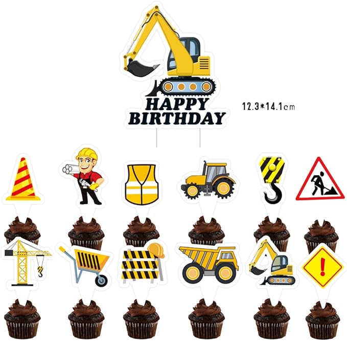 Construction Birthday Party Decorations Set, Happy Birthday Banner, Balloons, Cupcake Toppers, construction vehicles Theme