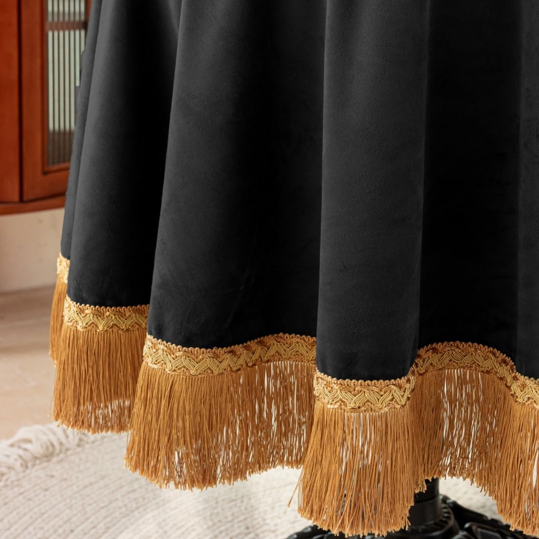F-CHU Luxury Black Tablecloth Thickset Velvet Tablecloth with Beautiful Gold Tassels Vintage Table Cloth for Home Decor Wedding, Party, Banquet and Events 67x120-Inch