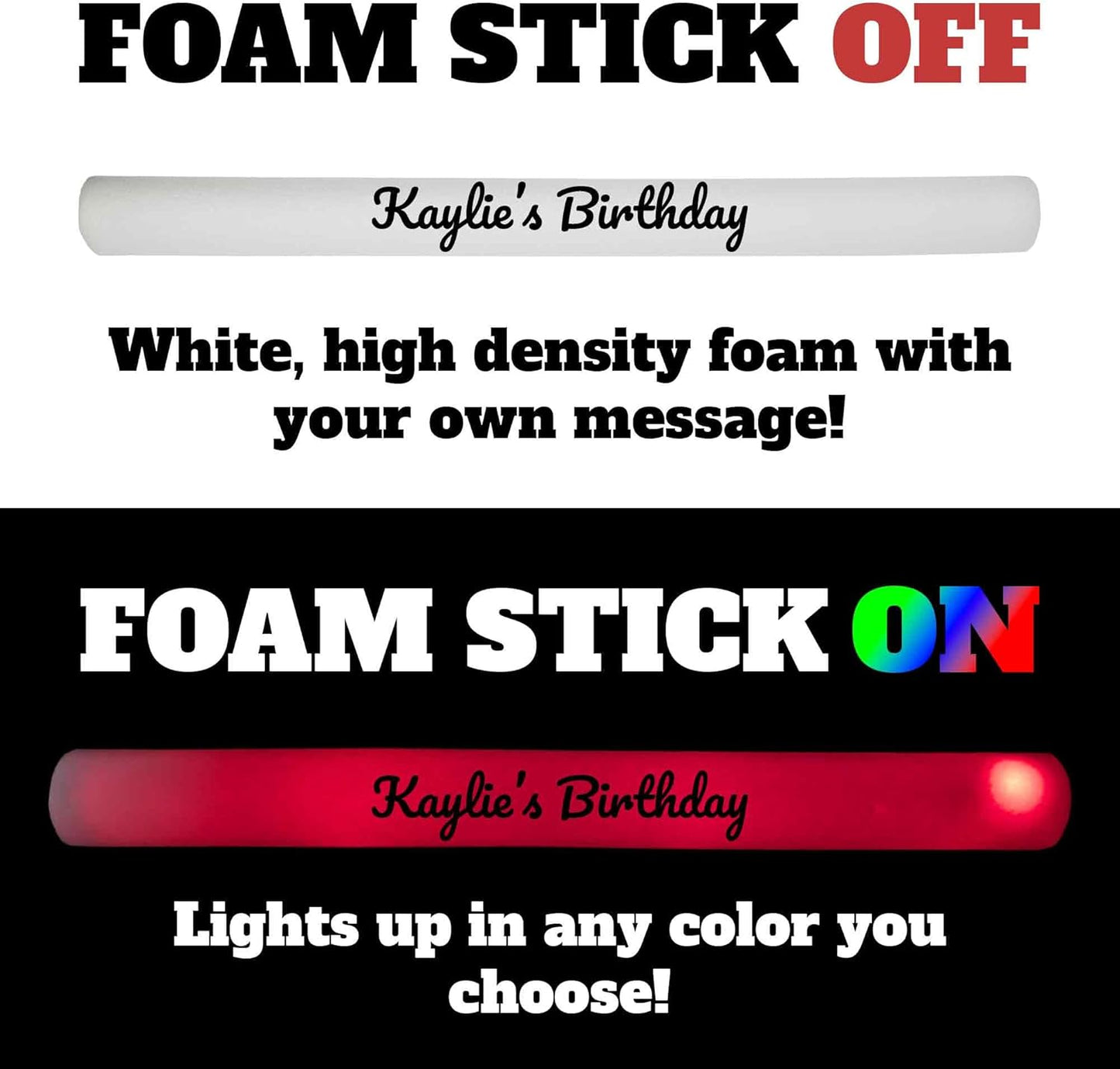 Pack of 12 Custom LED Party Foam Light Sticks Batons for Quinceaneras, Sweet 16, Bat Mitzvah, Parties, Birthdays, Guests, Party, Promotions 3 Color Lighting Modes Batteries 16"