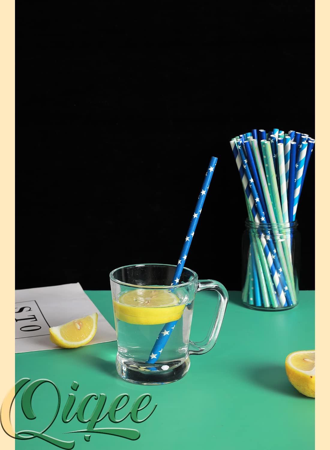 Blue Paper Straws 150pcs Disposable Bulk(10 Pattern) qiqee