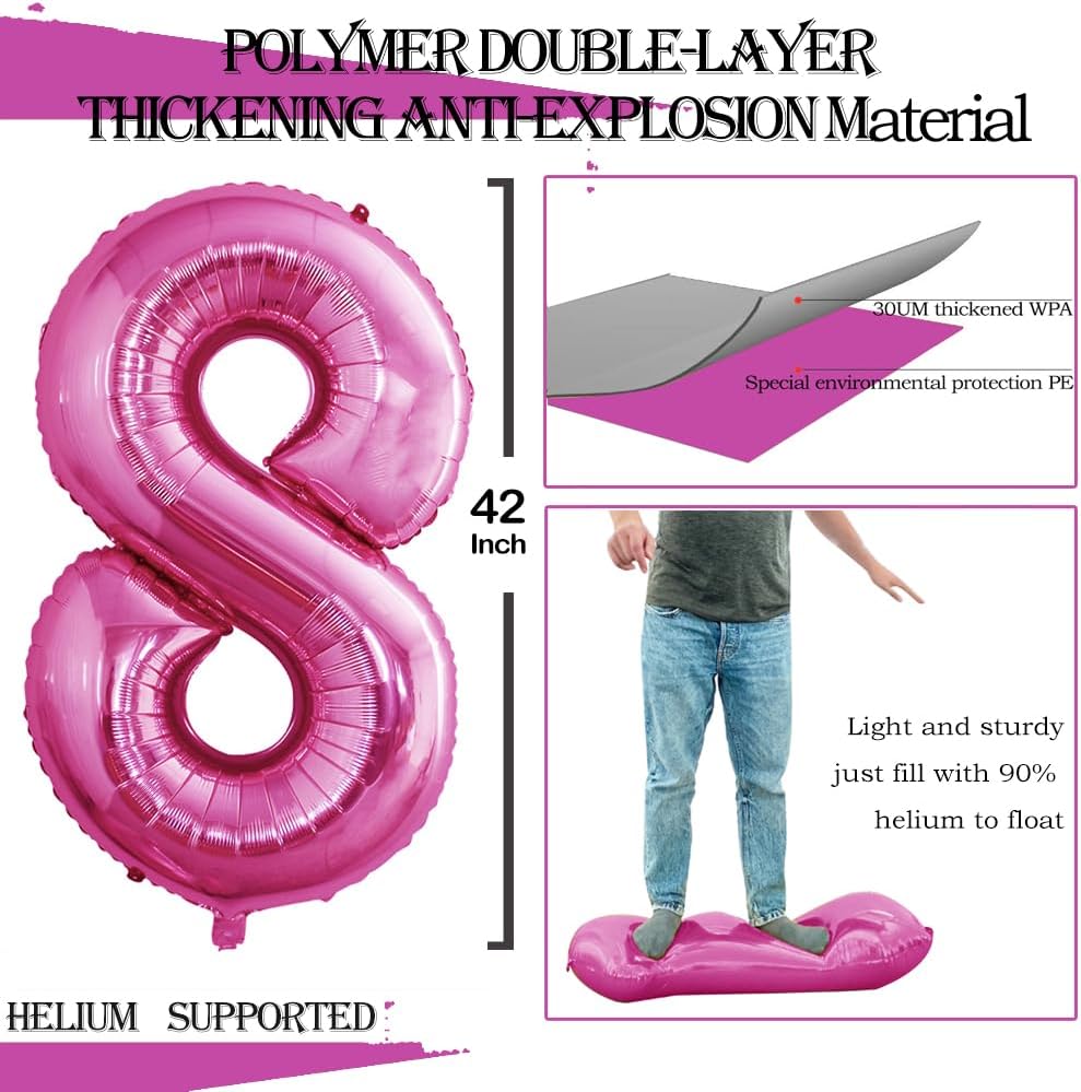 GOER Hot Pink Foil Balloons Number 8,Huge Number Balloons for 8th Birthday Party Supplies Anniversary Decorations(3 pcs,42 inch,32 inc,16inch)