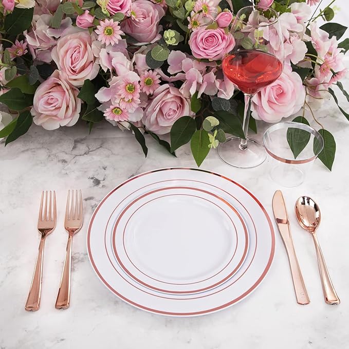 WELLIFE 350Pcs Rose Gold Plastic Plates for 50 Guests - Plastic Dinnerware Set,Party Supplies Includes 100 Rose Gold plates,150 Silverware,50 Napkins,50 Cups for Party and Valentine's Day