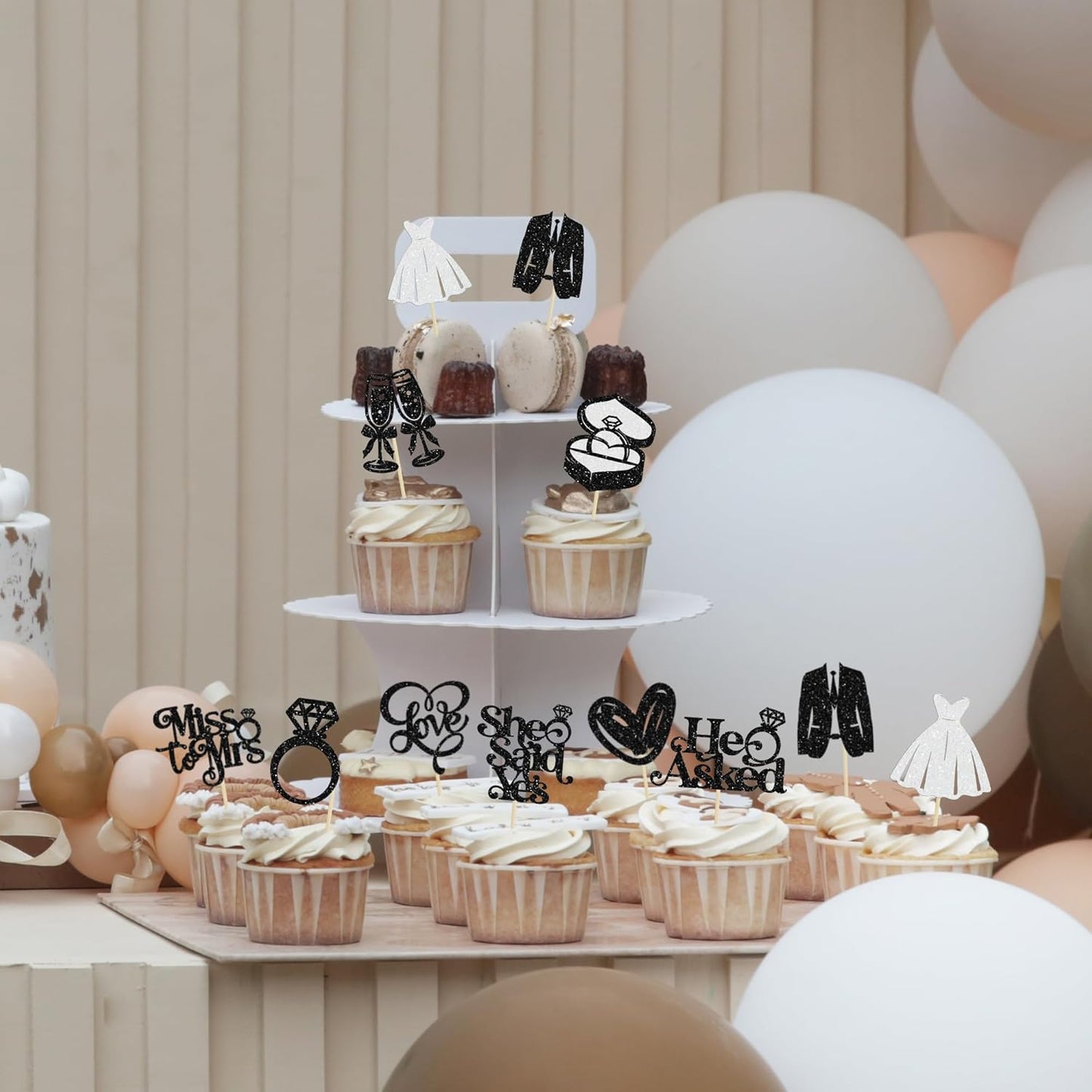 Gyufise 30Pcs She Said Yes Cupcake Toppers Glitter Diamond Ring I Do Love Cupcake Picks Miss to Mrs He Asked Bridal Shower Wedding Engagement Bachelorette Cake Decoration Black