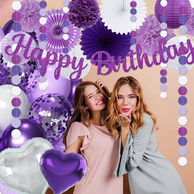 Purple Birthday Decorations for Women Girls,Happy Banner,Lilac Paper Lanterns Tissue Pom Poms Flower Fan,Purple White Balloon Décor For 40th 50th Anniversary Princess Backdrop Party Supplies