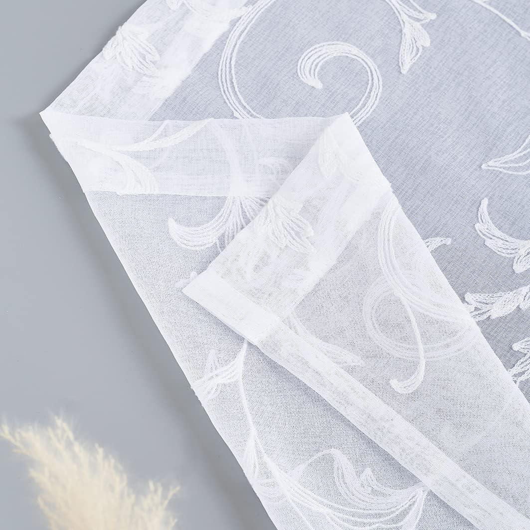 Floral Embroidery Sheer Curtains White 84 Inch Length, Rod Pocket Vintage Voile Drapes for Living room, Bedroom,Semi Crinkle Curtain Panels for Patio, Villa, Set of 2, 52"x 84". (52"Wx84"L, White)