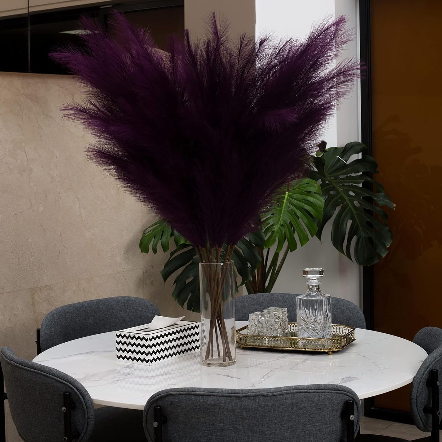 EVODIS Pampas Grass Decor Tall, 43"/110cm Faux Pampas Grass 6 Stems Large Pompass Grass Branches Tall Bulk Boho Flower Arrangement for Home Room Wedding Party Decor(Purple)