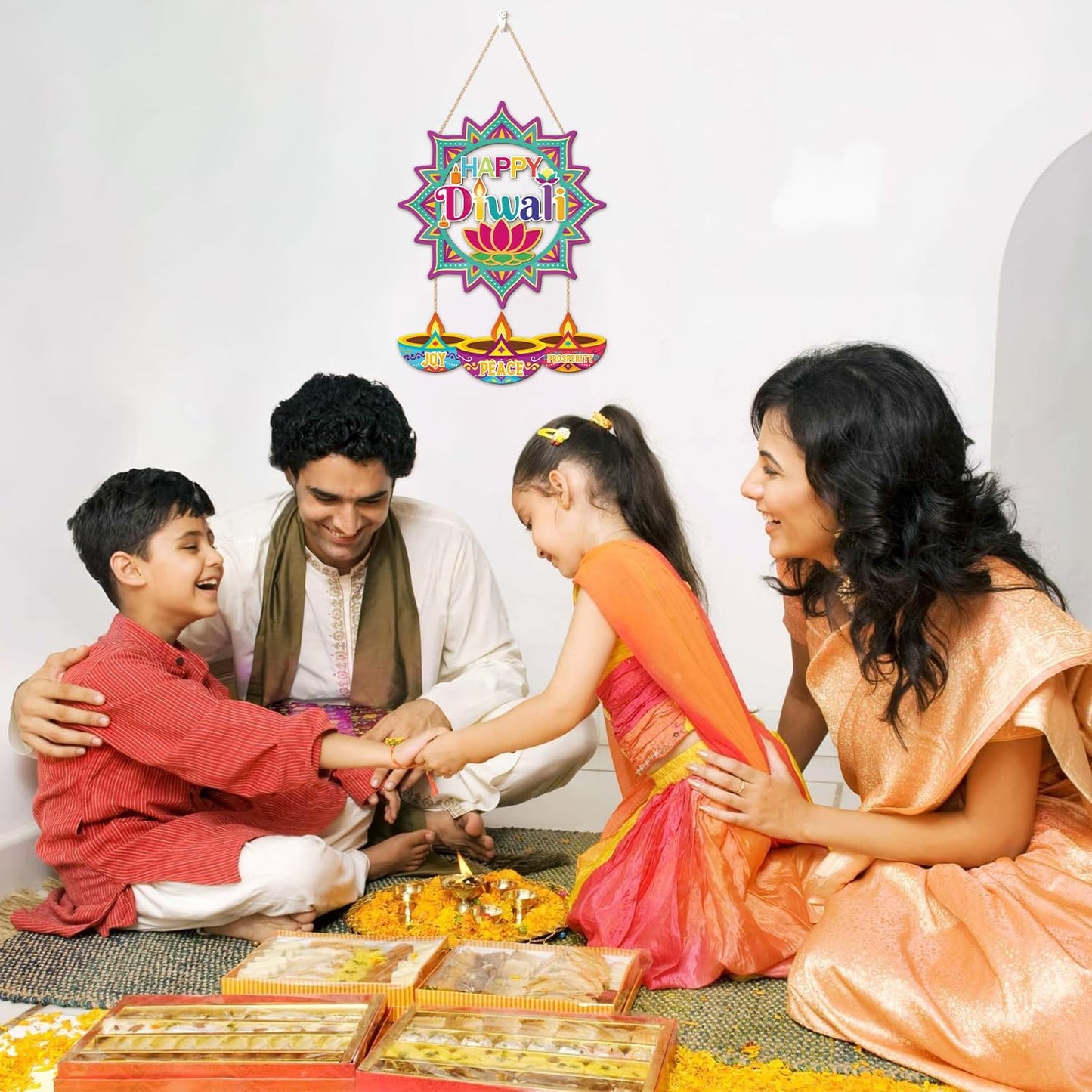 CHDITB Happy Diwali Front Door Sign Wreath(15"x11"), Wooden Lotus Rangoli Diyas Indian Festival of Lights Decoration Wall Hanging, Colorful Deepavali Themed Hanger Decor for Porch Home Office Party