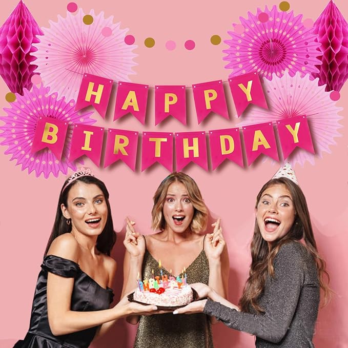 ELOPELY Hot Pink Girls Birthday Party Decoration, Tissue Pom Pom Paper Fan Rose Red Golden Happy Birthday Banner Decorations for Girls (Pink, Rose Red)