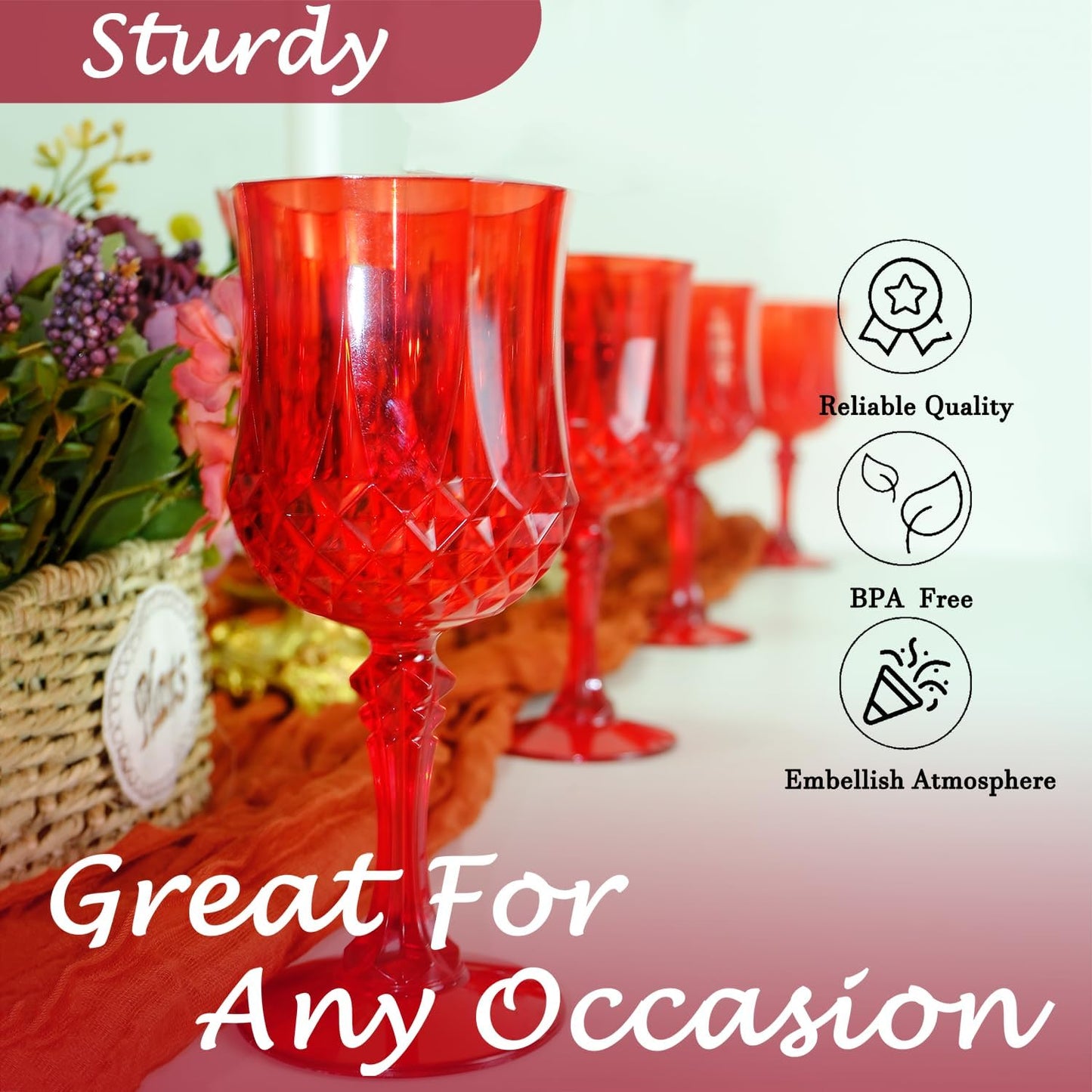 Plastic Wine Glasses,Plastic Goblets Vintage Style Cordial Drinking Glasses for Wedding Reception, Christmas Grand Event Party Supplies (24, Red)