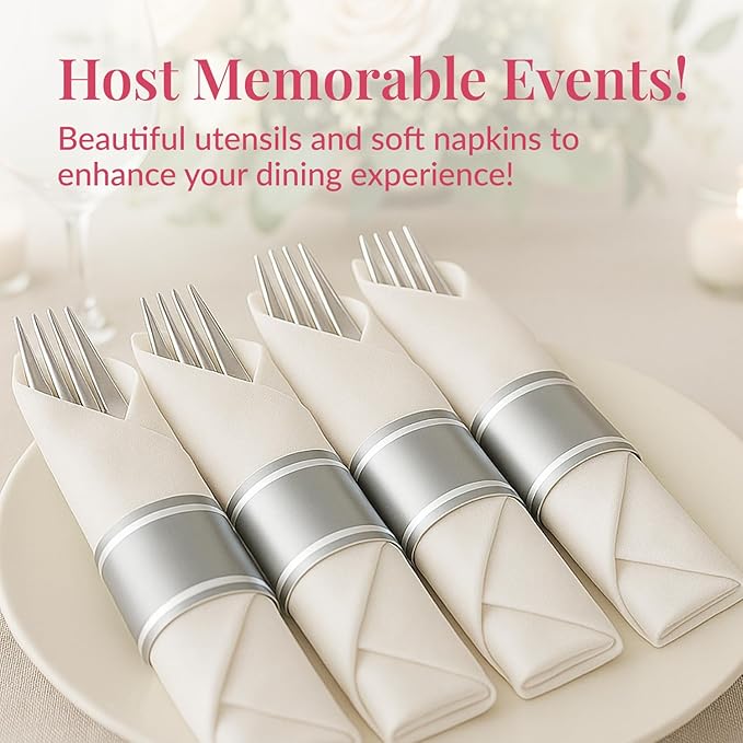 Prestee 25 Plastic Silverware Set, Pre-Rolled - 100pc Disposable Flatware with Forks, Knives, Spoons and White Napkins - Dinner Utensil Sets for Catering Supplies Buffet Display, Parties and Weddings