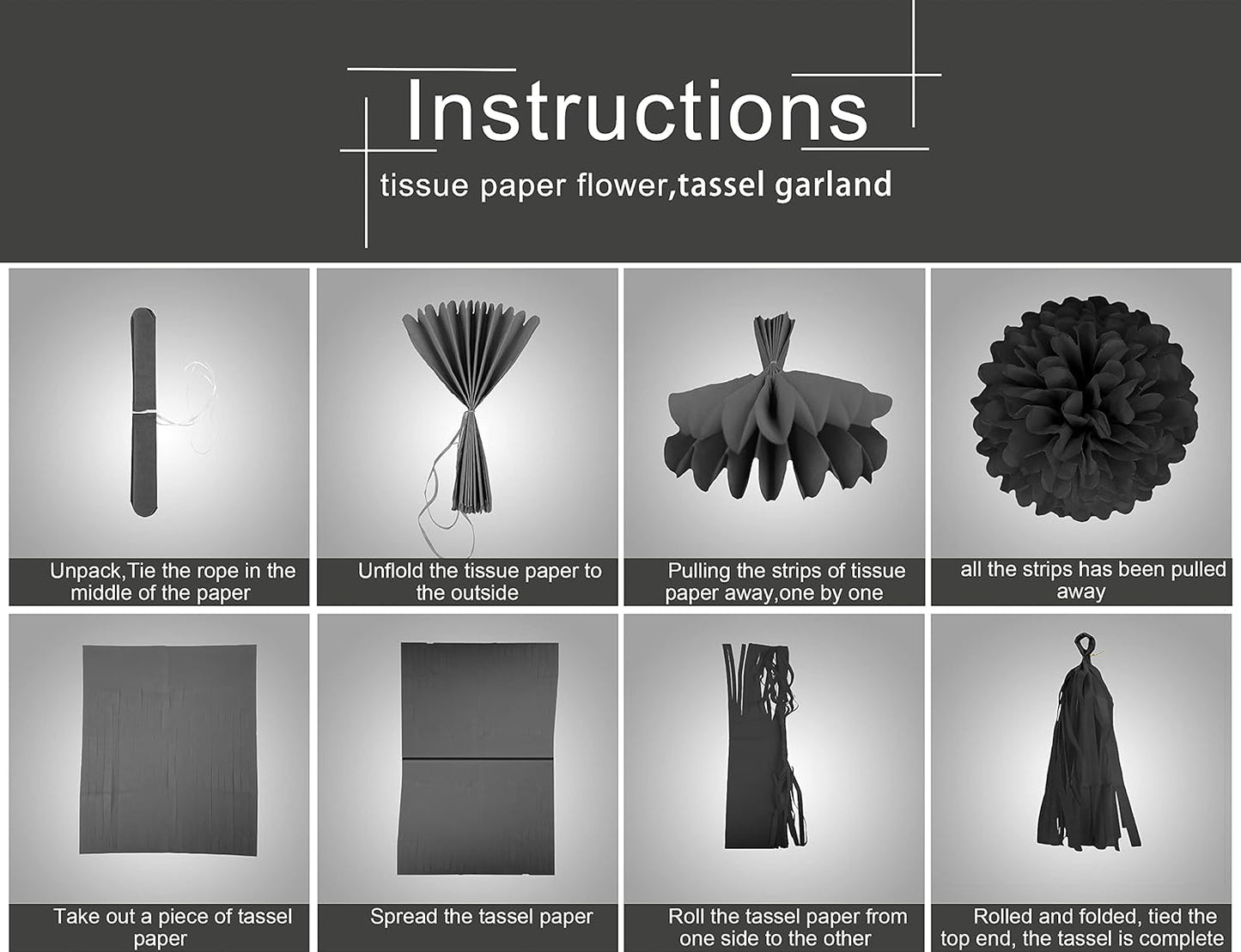 Silver Black Gold Party Decorations - 23pcs Tissue Paper Flowers Pom Poms Tassel Garland Pennant Banner Flags Streamers Birthday New Years Eve Retirement Graduation Classroom Hanging Decor Supplies