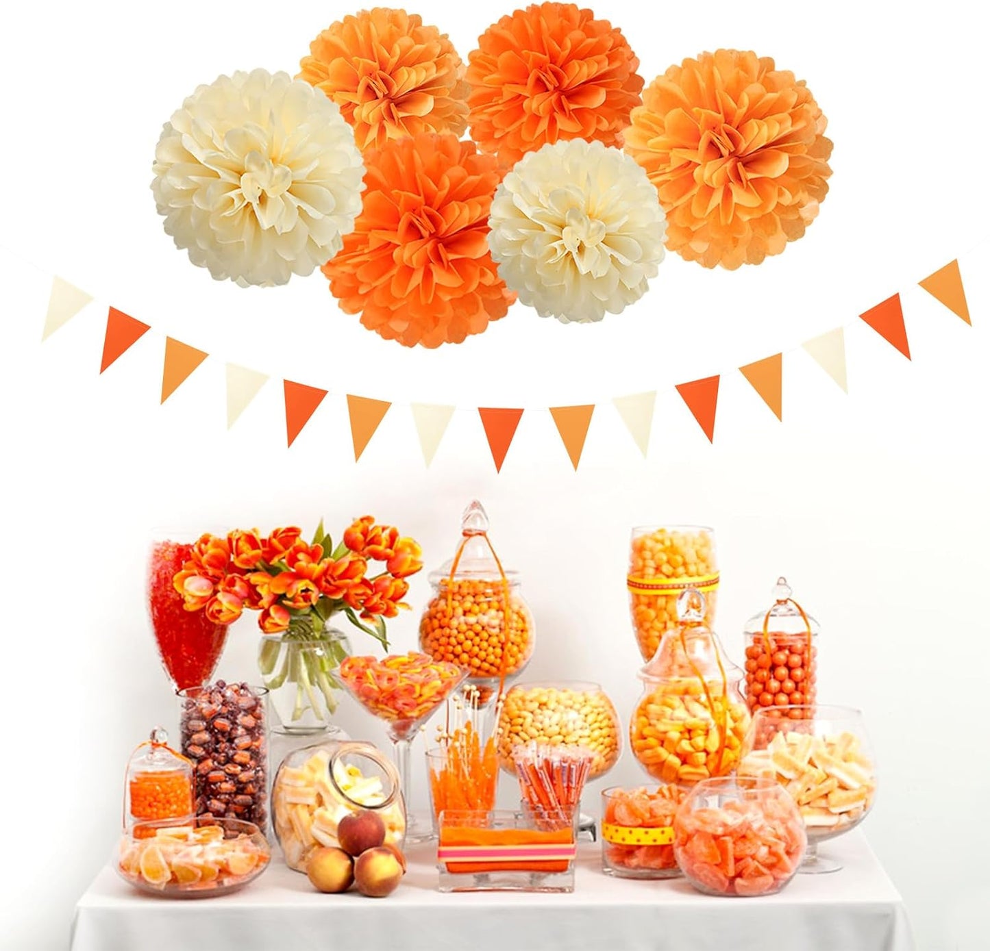 Orange Beige Fall Baby-Shower Party-Decorations - 23pcs Autumn Harvest Thanksgiving Tissue Pom Poms Streamers, Boho Birthday Bridal Wedding Engagement Bachelorette Tassel Garland Banner Decor Ouruola