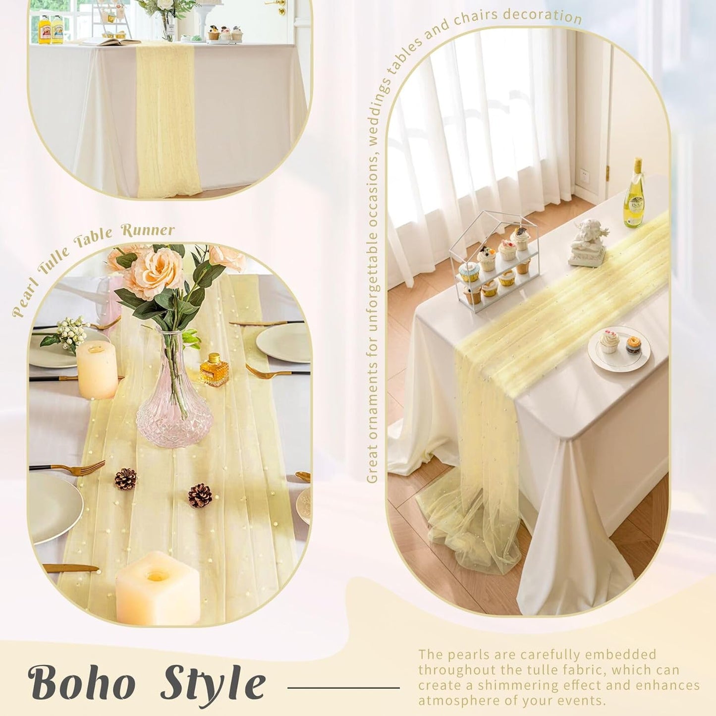 Set of 6 Pearl Table Runner 29 x 120 Inch Tulle Fabric Lace Table Runners Boho Rustic Tablecloth for Bridal Shower Birthday Party Wedding Arch Aisle Veil Dessert Table Decor(Ivory)