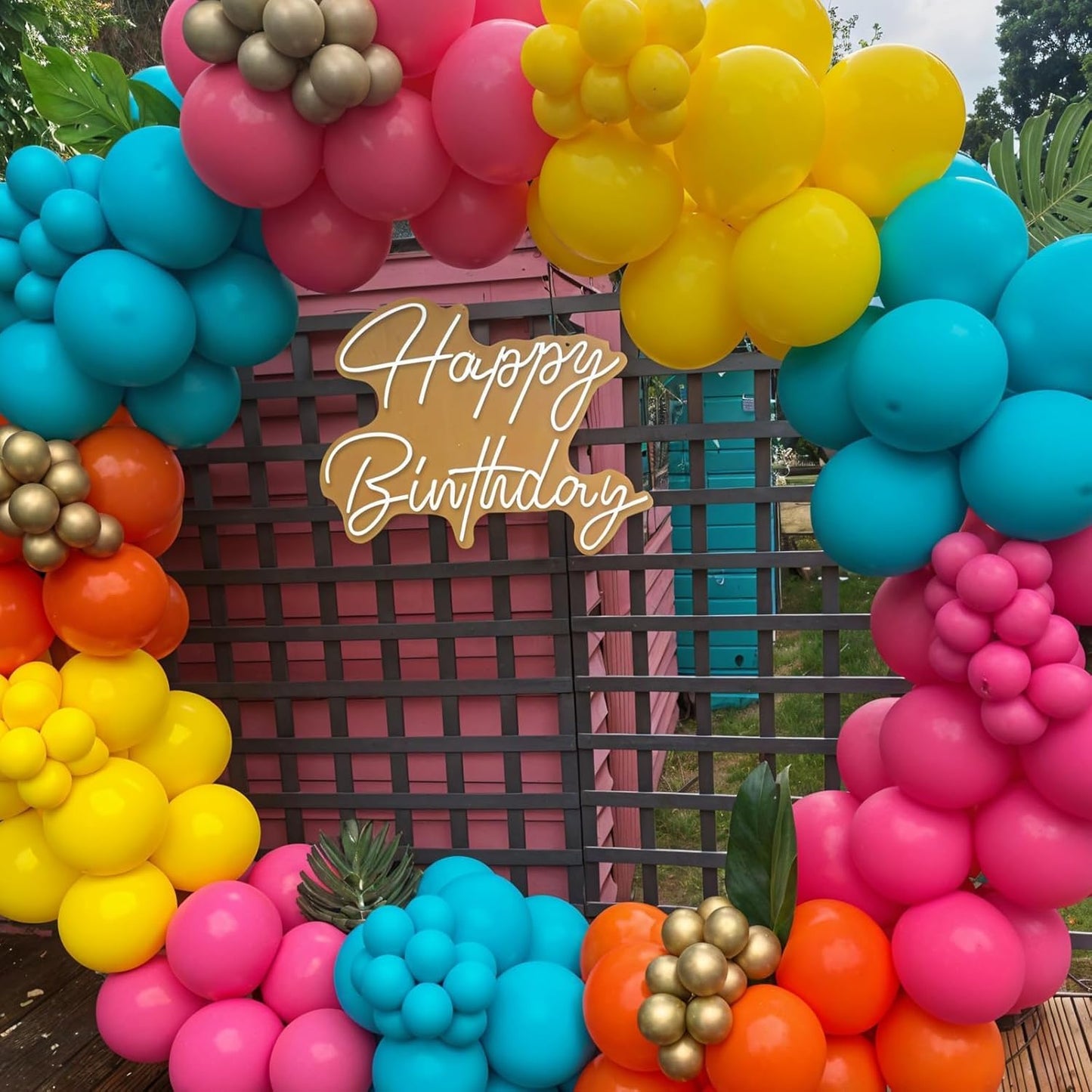 Tropical Balloons, 12 Inch Teal Metallic Gold Orange Pink Hot Fruit Green Balloons with Palm Leaves for Aloha Luau Pool Party Hawaiian Baby Shower Summer Birthday Party Decorations