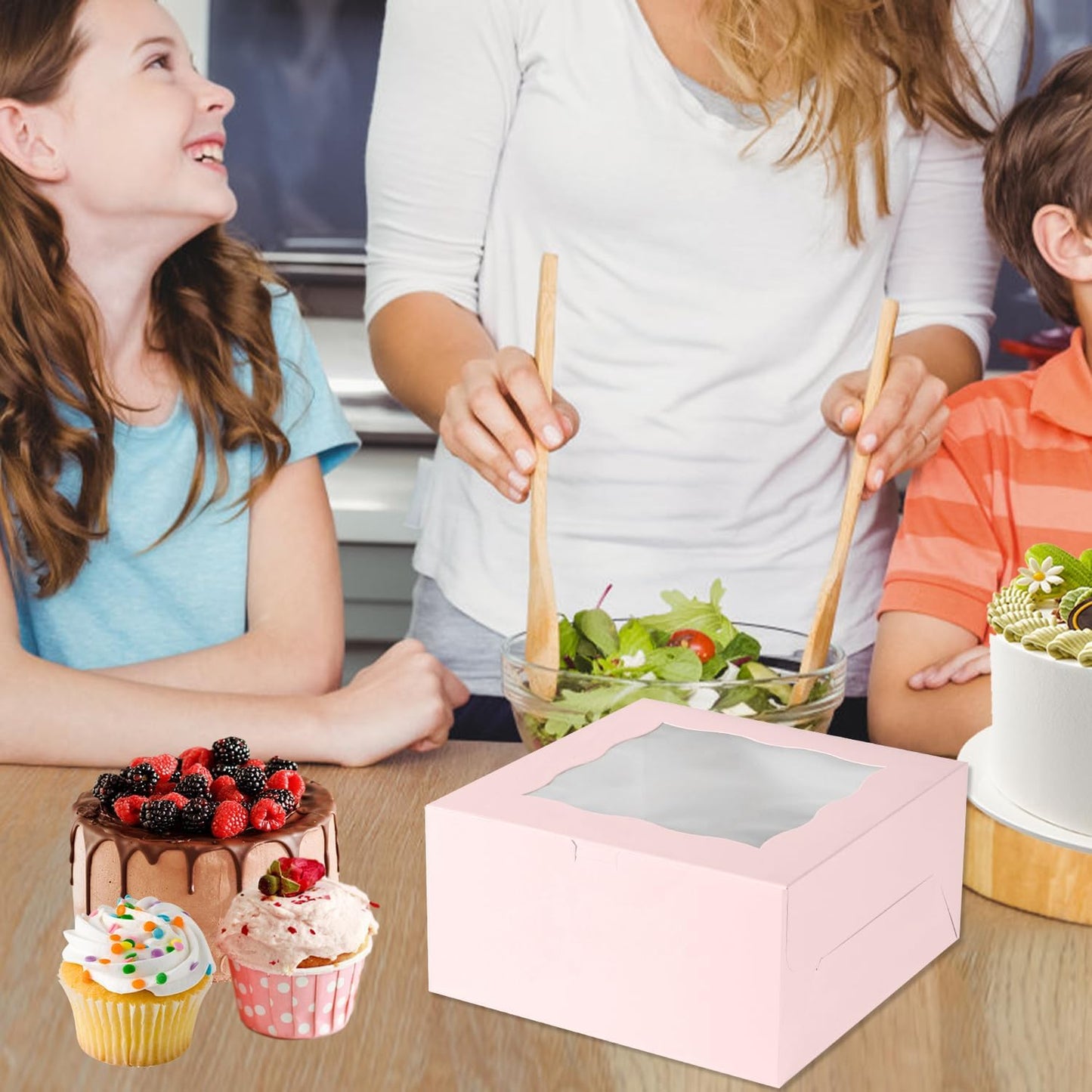 JCD 8 Packs Pink Bento Cake and Cupcake Box 1+5 Bento Box with Clear Window Fit 5 Cupcakes and 1 Mini Cake for Packaging Gift Baked Goods (Pink 1+5/8Pcs)