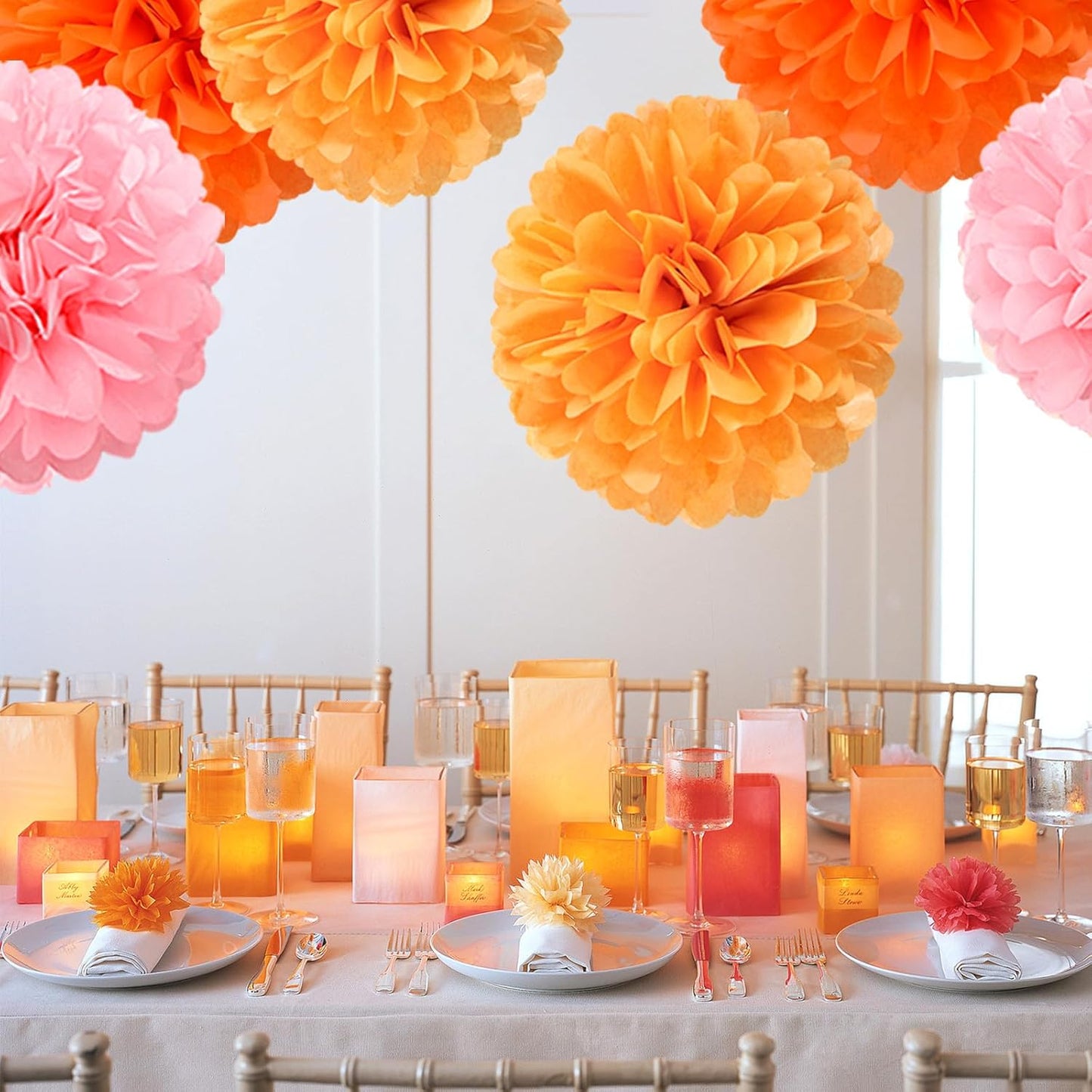 Pink-Orange Groovy-Thanksgiving Engagement Party-Decorations - 14pcs Fall Autumn Harvest Paper Lanterns Fan,Tissue Pom Poms Streamers,Honeycomb Balls,Birthday Baby Bridal Shower Wedding Decor Ouruola