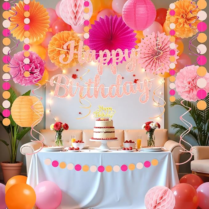 Hot-Pink Orange Birthday Decoration for Women Girl, Fall Peach Burnt-Orange Gold Balloon Décor-Happy Banner, Streamers Lanterns Honeycomb, Tissue Flowers Pom Poms Fan, Boho Sunset Autumn Party Décor