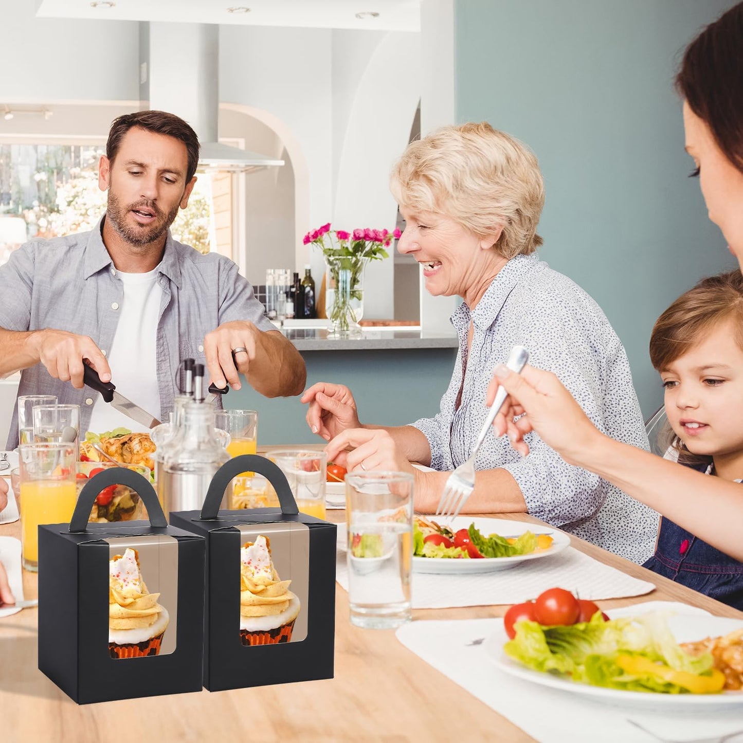 JCD Black Cupcake Boxes Individual 120 Packs Cupcake Holders Disposable Single Cupcake Boxes with Window and Insert Muffins Cupcake Carriers Holder Cookie, Dessert, Donuts, Cupcakes (Black/120Pcs)