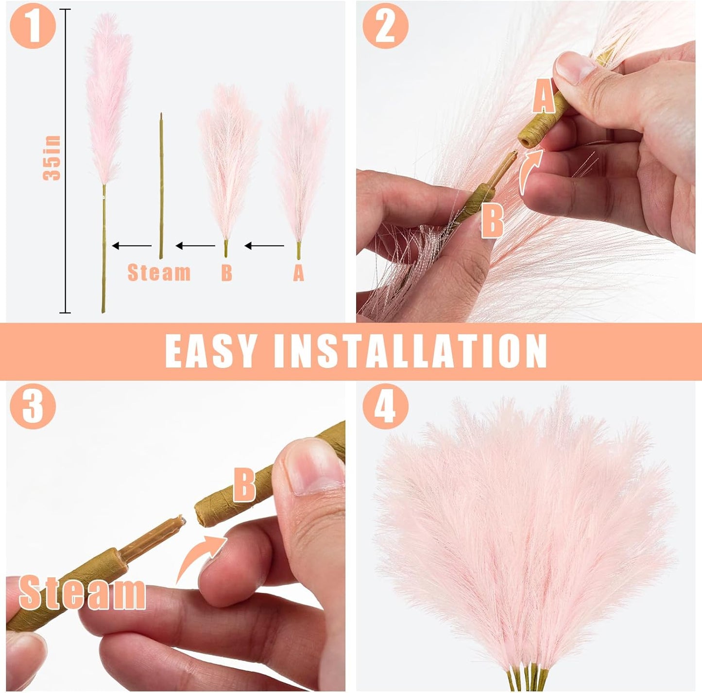 35" Pink Faux Pampas Grass Decor, 8pcs Large Tall Fluffy Artificial Pompous Grass Branches Floral Fake Pompas Grass Bulrush Floor Vase Filler Flower Arrangement for Home Wedding Boho Decor