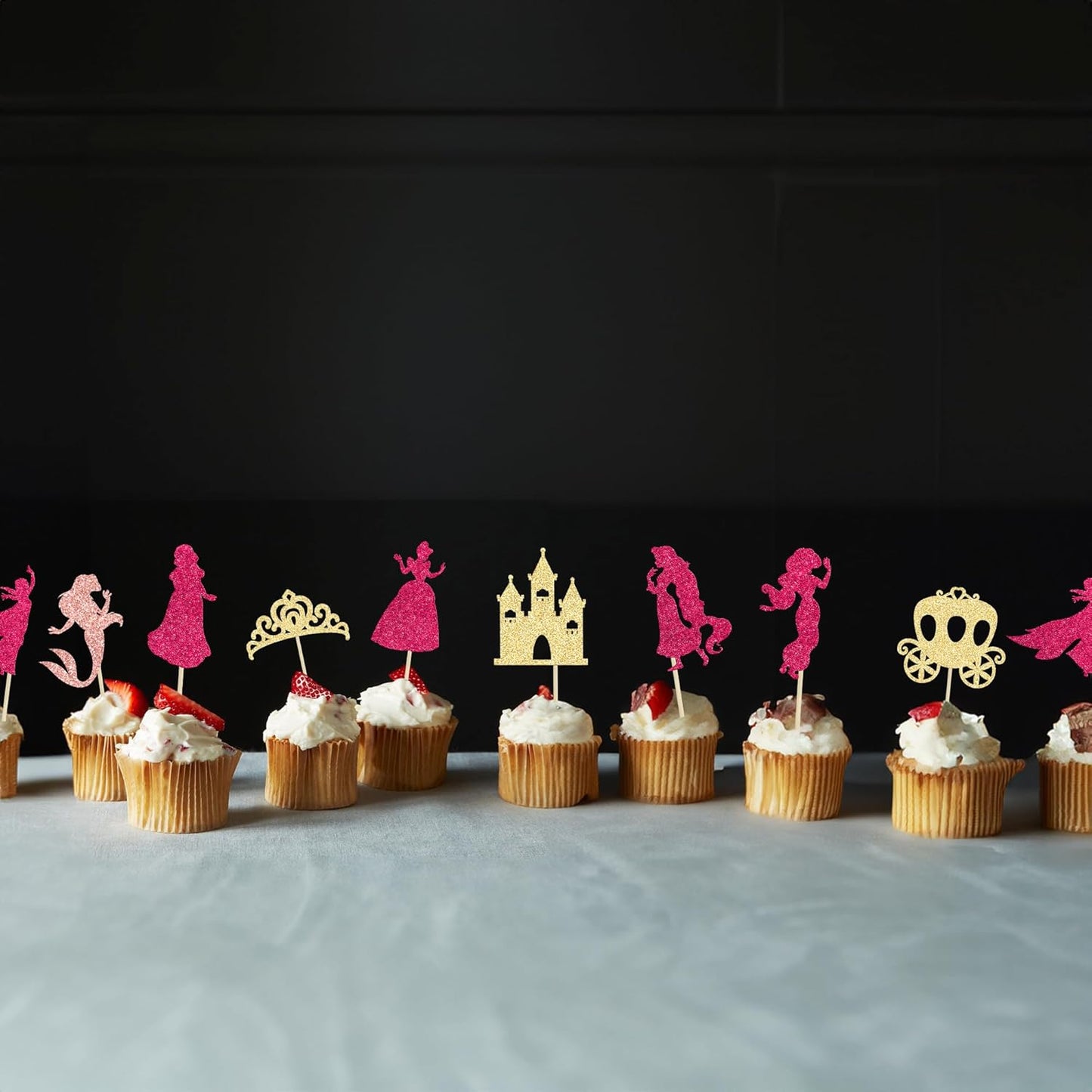 Gyufise 36Pcs Princess Cupcake Toppers Glitter Mermaid Girl Castle High Heel Crown Cupcake Picks Princess Theme Baby Shower Girls Birthday Party Cake Decorations Rose Red