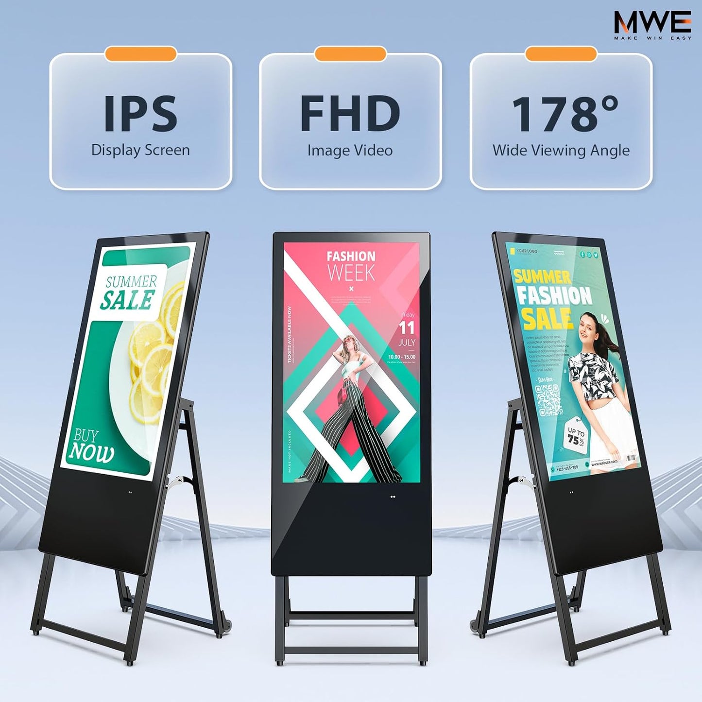 MWE 32 Inch Digital Signage Display, Portable LCD Digital Kiosk, Advertising Display Poster, Android Kiosk with Auto Media Player, HDMI/USB