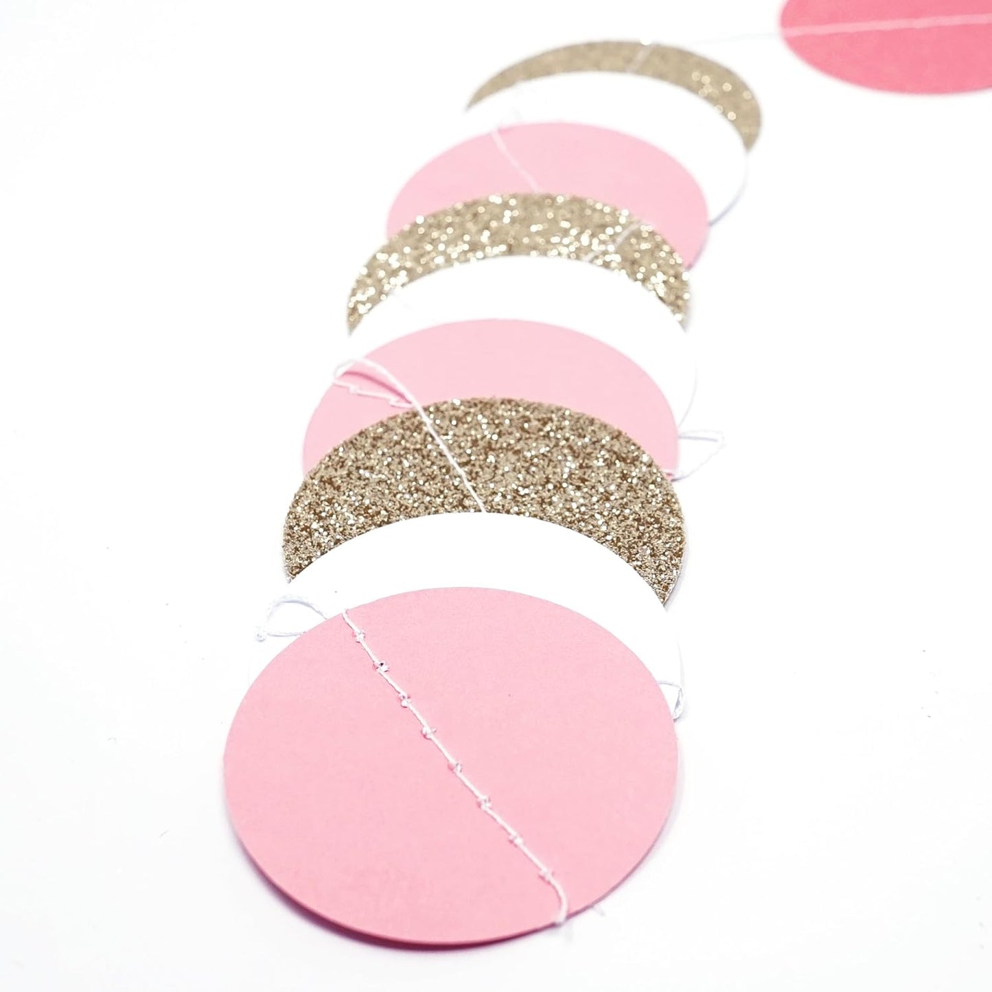 Chloe Elizabeth Circle Dots Paper Party Garland Streamer Backdrop (10 Feet Long) - Pink, White, Gold Glitter