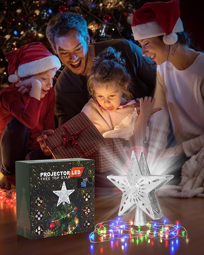 Christmas Tree Topper Star Lighted with Colorful Christmas Light Cord, Built-in 6 Projected Patterns, 3D Glitter LED Rotating Lights for Party Holiday Xmas Decorations Gifts (Silver)