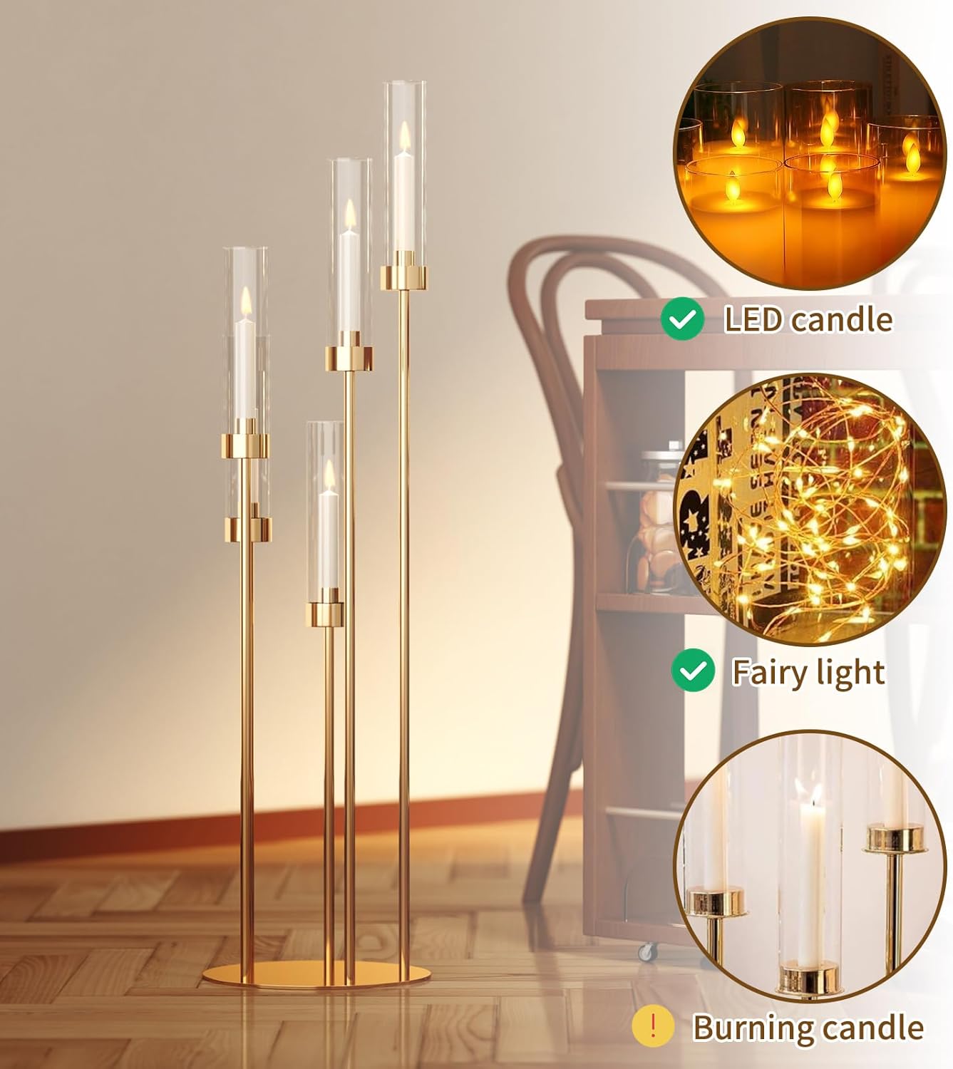 42.5'' Floor Candelabra 5 Arm Candelabra Centerpieces for Tables Gold Candle Sticks Holder 4 Set Tall Metal Candlestick with Acrylic Lampshades for Home Christmas Party (Round)