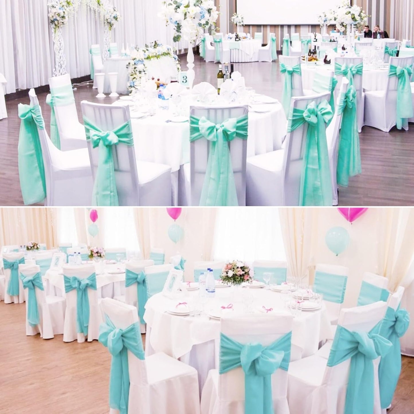 100 PCS Satin Chair Sashes Decorative Bow Chair Sashes Ties Back Ribbon Bow Chairs Cover Band for Wedding Birthday Party Ceremony Reception Event Banquet Hotel Home Kitchen Fall Decor(7 x108inch,Aqua)
