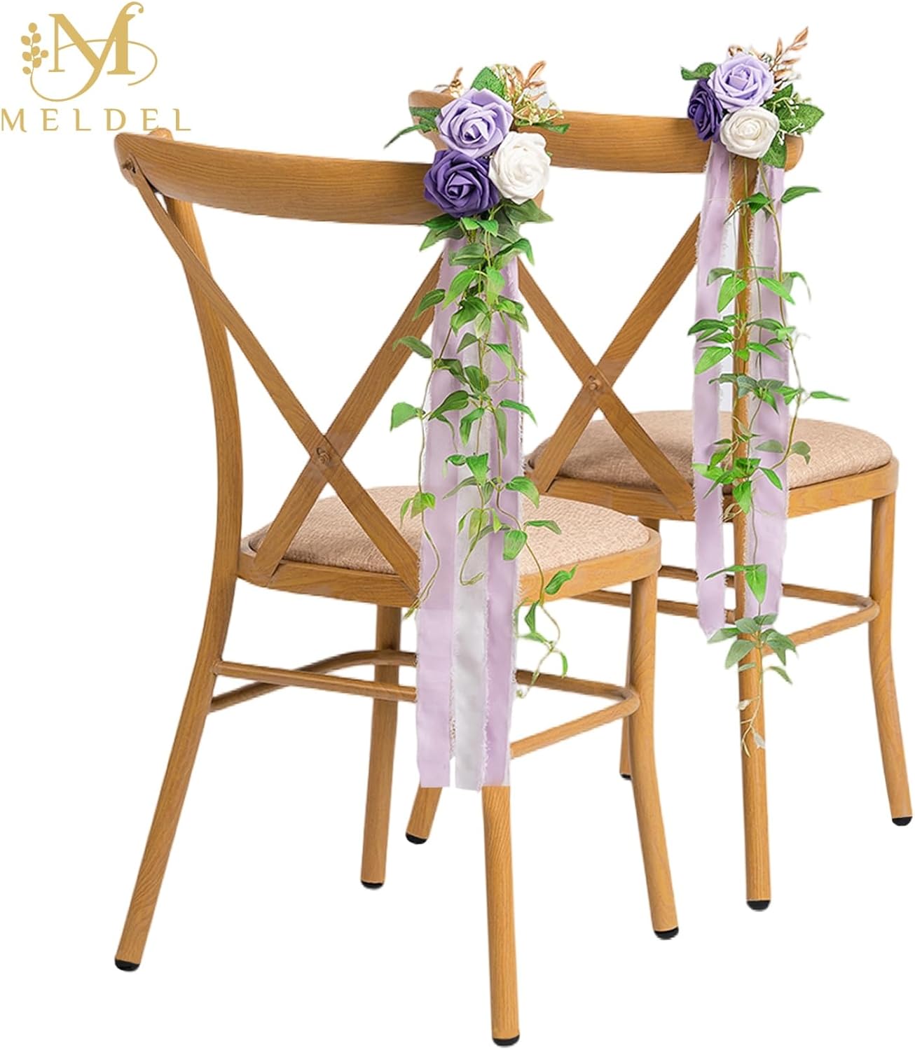 Meldel Wedding Chair Decorations Set of 10 Aisle Artificial Flowers White Puprle Rose Garland with Hanging Ribbons for Ceremony Reception Church Arrangement Party Wedding Decor