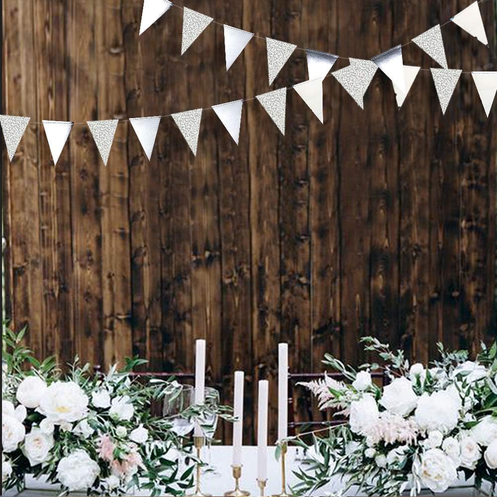 30 Ft Silver Party Decorations Glitter Metallic Paper Triangle Banner Flag Garland Pennant Bunting for Graduation Wedding Engagement Anniversary Bachelorette Birthday Baby Bridal Shower Party Supplies