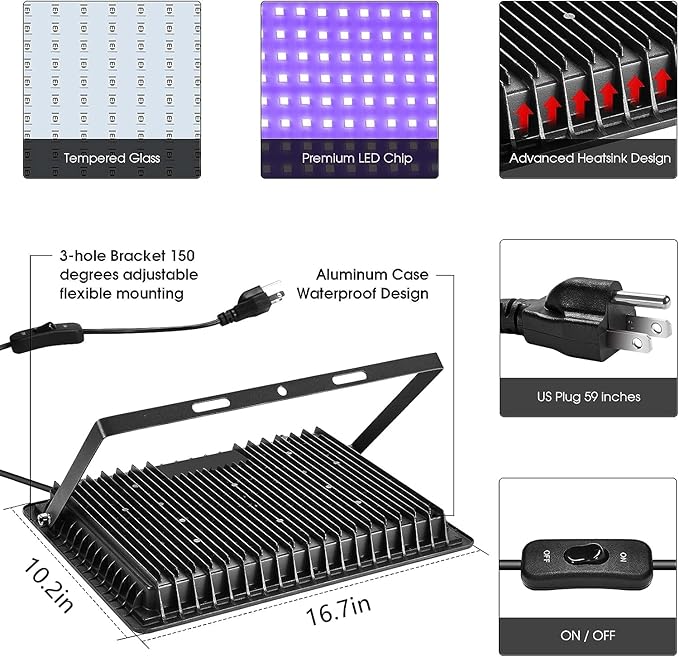 4 Pack 500W LED Flood Black Lights,395nm to 405nm UV Outdoor Flood High Power Blacklight Light with Plug in, IP66 Waterproof Large Black Light Spotlight for Glow Party Large Space, Halloween