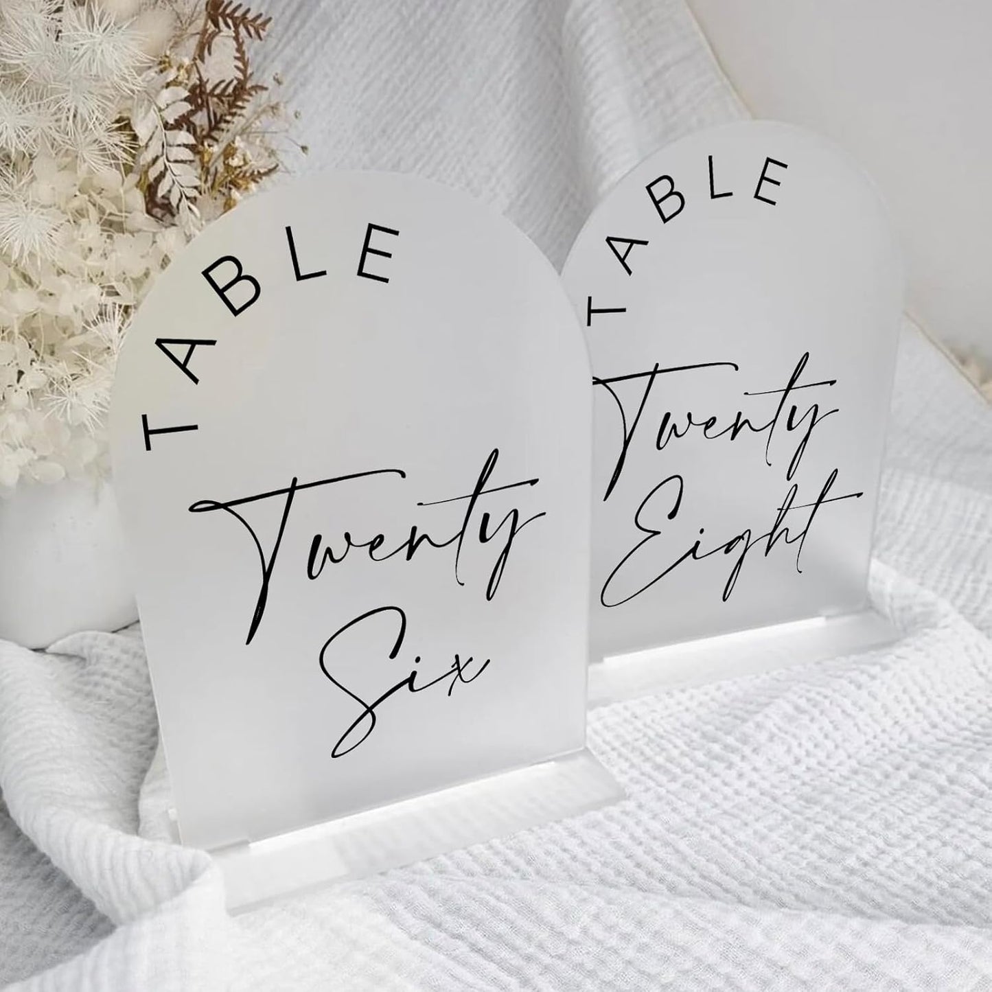 JINMURY Frosted Arch Wedding Table Numbers 1-20 with Stands, 5x7 Inch Frosted Arch Acrylic Sign with Black Letters, Arched Acrylic Table Numbers for Wedding Reception
