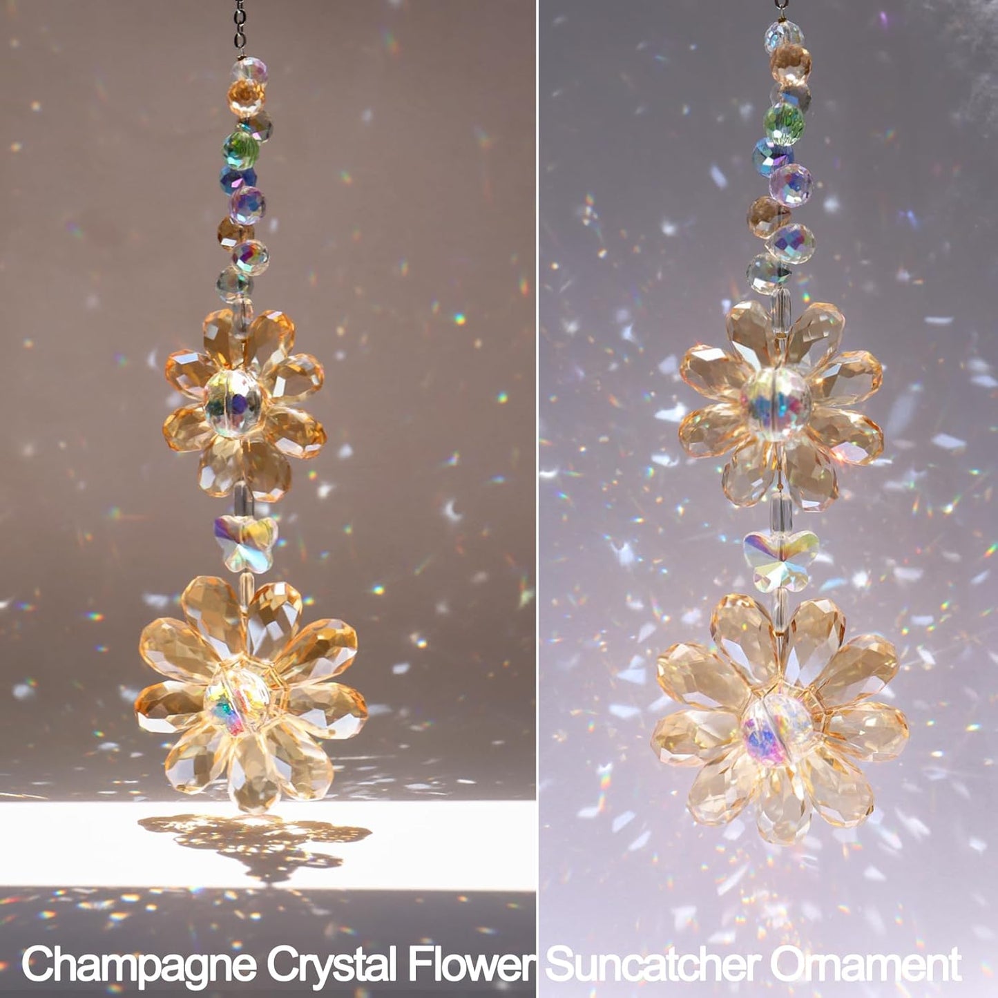 Crystal Flower Suncatcher Hanging Ornament, Rainbow Maker Window Sun Catcher Indoor Outdoor Patio Garden Decor (Gold)
