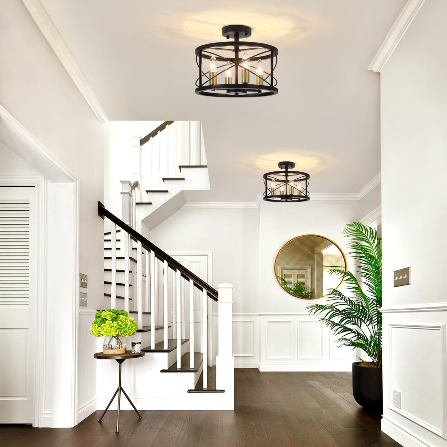 Black and Brushed Gold Semi Flush Mount Ceiling Light, Farmhouse Modern Light Fixture, Hallway Light Fixtures, 4-Light Ceiling Lamp for Kitchen, Entryway, Laundry Room, Bedroom Lighting, UL Listed