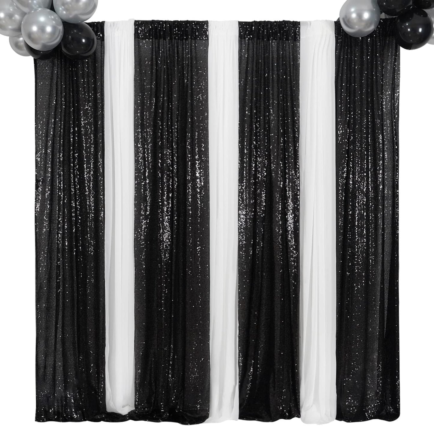 Poise3EHome 2ft x 8ft Black Sequin Photography Backdrop Curtains 2 Panels for Party Decoration, Black