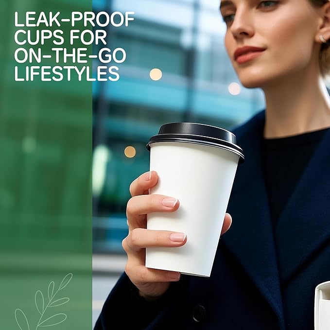 12 oz Coffee Cups with Lids and Sleeves 100 Pack, White Leak-Proof Disposable Coffee Cups for Hot/Cold Beverages, Party Supplies, To-Go Paper Cups for Coffee, Tea, Office, Picnic