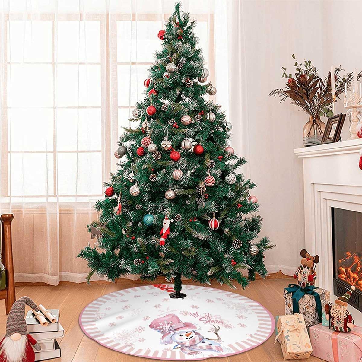Let It Snow Snowman Christmas Tree Skirt 48 Inches, Pink Snowflake Tree Skirt, Winter Xmas Tree Mat for Home Party Holiday Indoor Outdoor Decorations (Pink, 48in)
