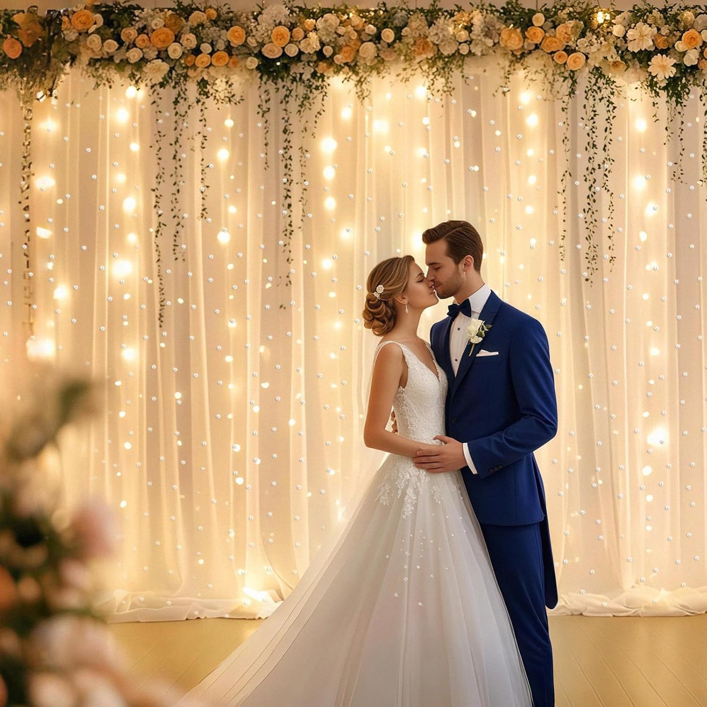 10 * 8FT Beige Pearl Tulle Double Layered Backdrop Curtain with Lights String and Lining Fabric for Wedding Baby Shower Birthday Parites Photo Decorations