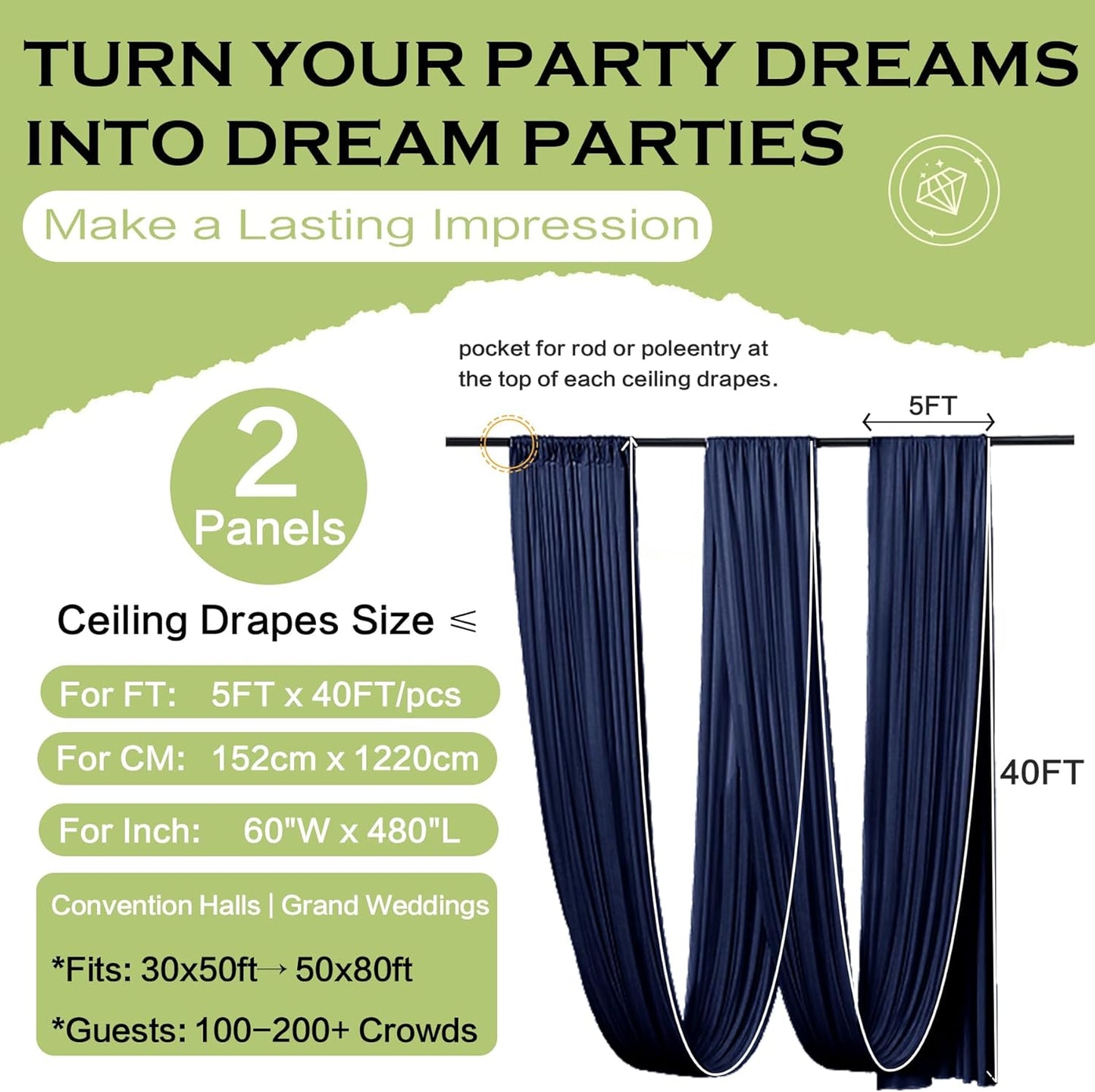 PartyVillage 10ftx40ft Navy Blue Ceiling Curtain for Wedding Parties – 2 Panels Wrinkle-Free 40 FT Long Tent Draping Curtains for Wedding, Birthday & Theme Parties, 40ft Height with Rod Pocket