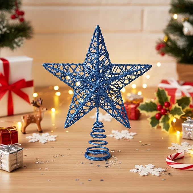 Christmas Star Tree Topper Glittering Hollow Star Topper Decoration for Xmas Tree Ornament Party Supplies(RoyalBlue,5.9 Inch)