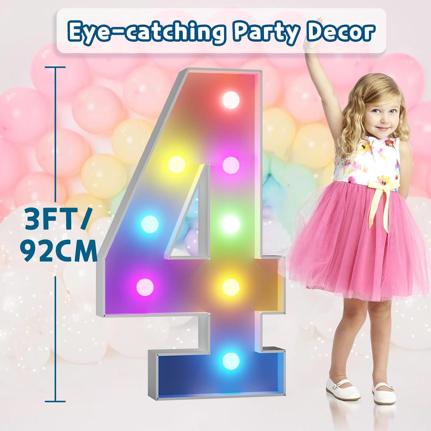 imprsv 3FT Colorful Marquee Numbers,18 Colors Number 4 with Remote, Light Up Numbers Sign for 24th 40th Birthday Decorations Anniversary Party Decor, Pre-Cut Foam Board Kit, Mosaic Numbers for Balloon