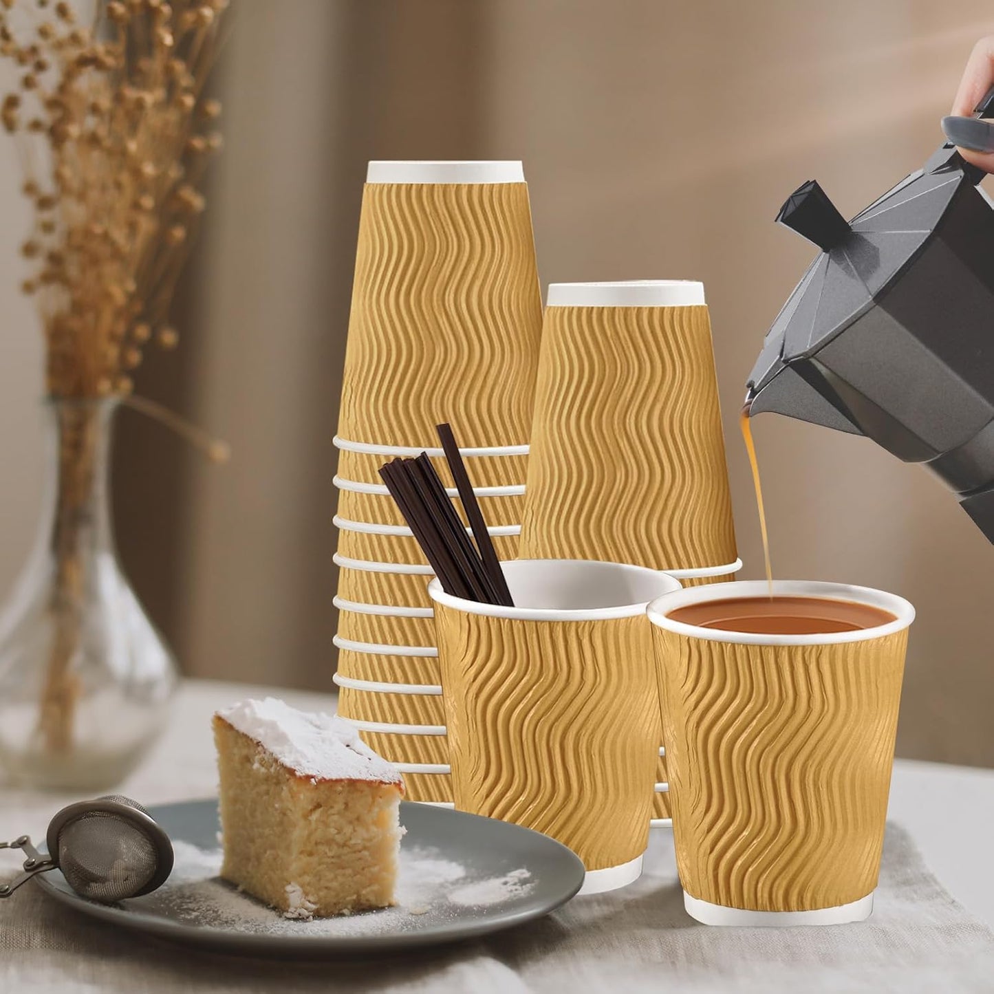 SIUQ 90 Pack - 8 oz Disposable Coffee Cups with Lids and Straws,To go Coffee Cups,Insulated Corrugated Paper Cups,Kraft Ripple Wall Cups for Hot Beverage or Cold Drinks -Champagne