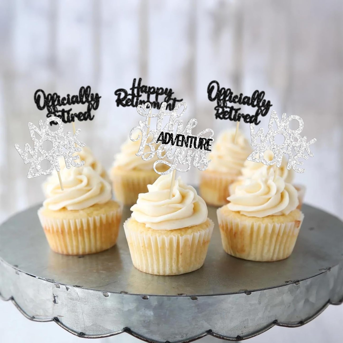24Pcs Happy Retirement Cupcake Toppers Officially Retired Cake Toppers No Work Zone Adventure Begins Cupcake Picks Retirement Theme Farewell Birthday Party Decorations Supplies Silver
