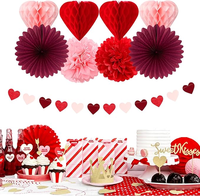 Pink-Red Burgundy Valentines-Day Galentines Party-Decorations - 22pcs Be Mine Love Banner,Paper Lanterns Honeycomb Balls,Tissue Pom Poms Flowers Fans,Happy Anniversary Decor Supplies Hugmoon