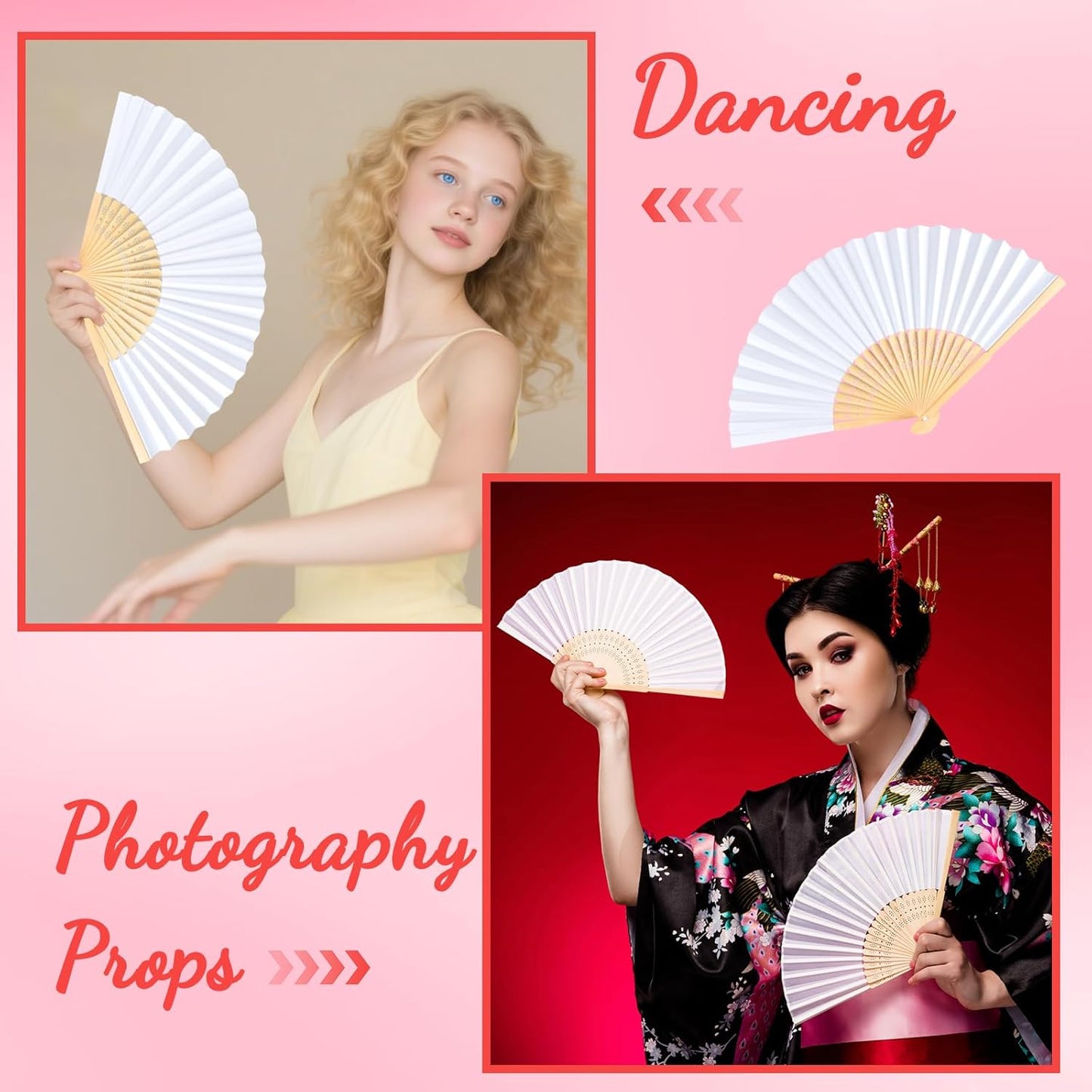 NEBURORA 12Pcs White Handheld Paper Fans 8.3 Inch Hand Held Bamboo Fans Foldable for Wedding Decoration Outdoor Party Favors DIY Decoration Dancing Photography Props